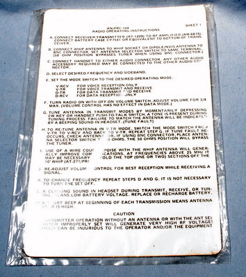 AN/PRC-104 Radio Operating Instruction Plastic Card un-used